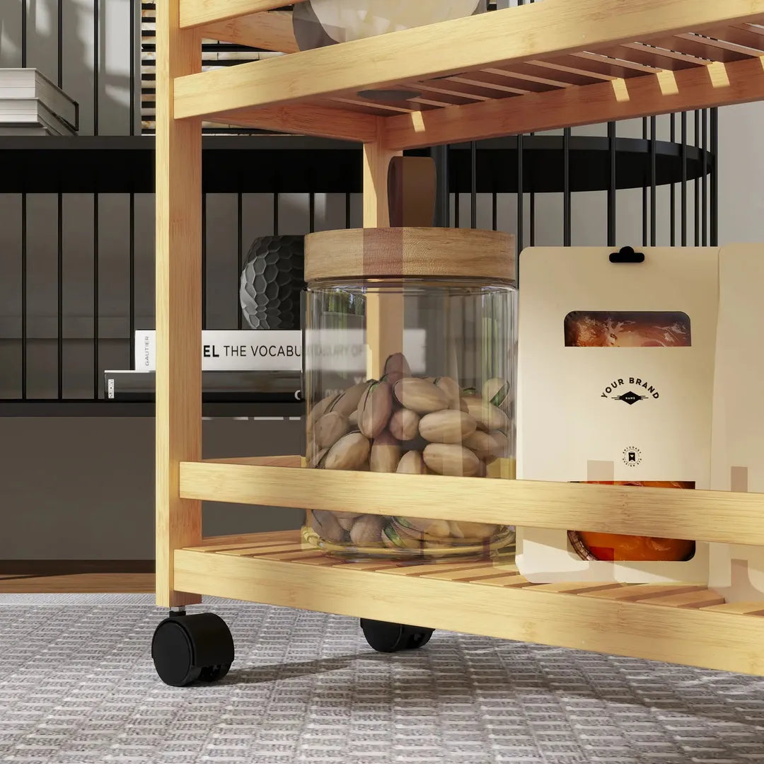 Serveerwagen – 3 lagen met lattenbodems en valbescherming – Bamboe – 55 × 20 × 75 cm