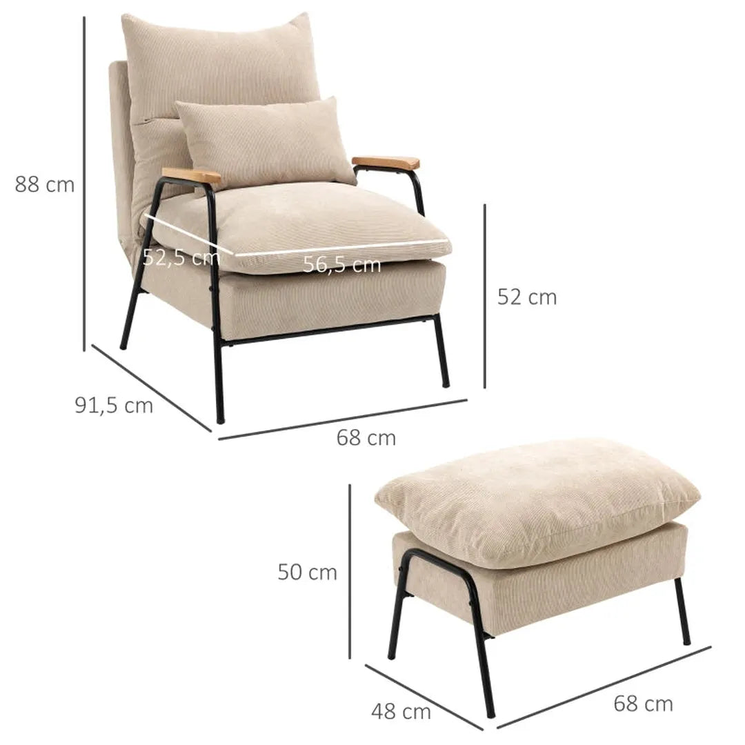 Fauteuil met voetenbank en kussen – stofbekleding – 68 x 91,5 x 88 cm