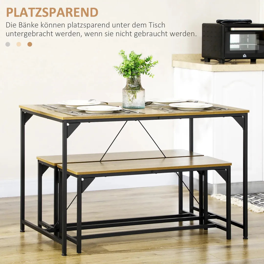 Eettafelset voor 4 Personen – Tafel met 2 Banken van Metaal en Hout, Industrieel Design, 120 x 70 x 75 cm, Zwart/Natuur