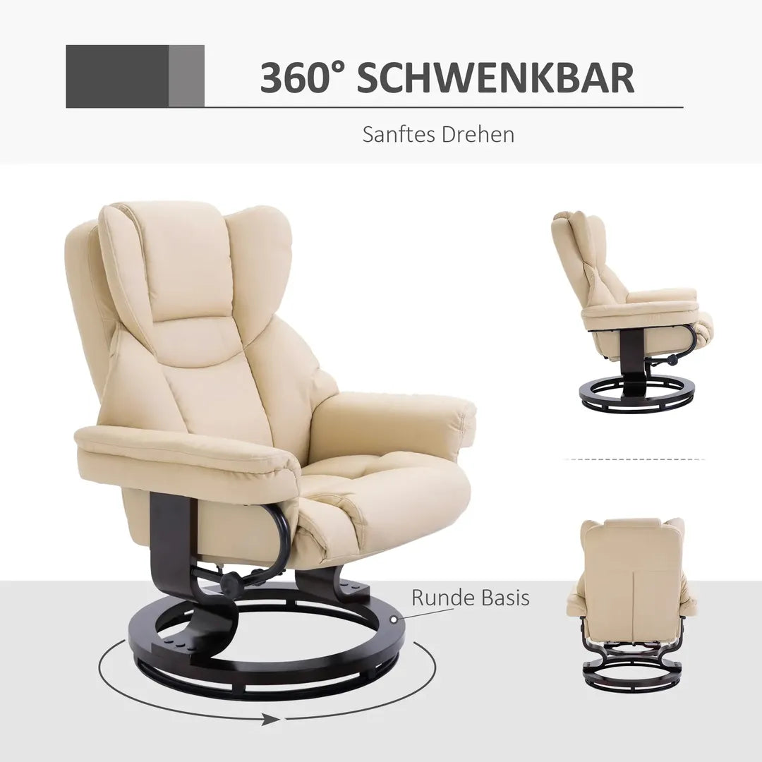 Fauteuil met Hocker – Draaibare Relaxstoel met Ligfunctie van Kunstleer en Metalen Frame, Crème, 80 x 79 x 100 cm