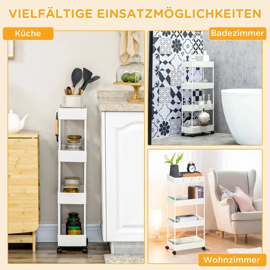 Keukenwagen met 4 legplanken en 4 haken – op wielen – Wit – 40 × 19 × 90 cm
