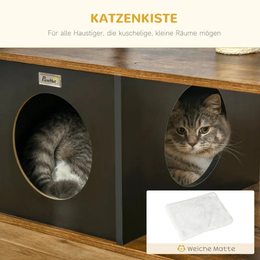 Kattenhuis met hangmat – kattenverblijf met sisal krabpaal – kattenboom van grenenhout – naturel – 70 x 35 x 60 cm