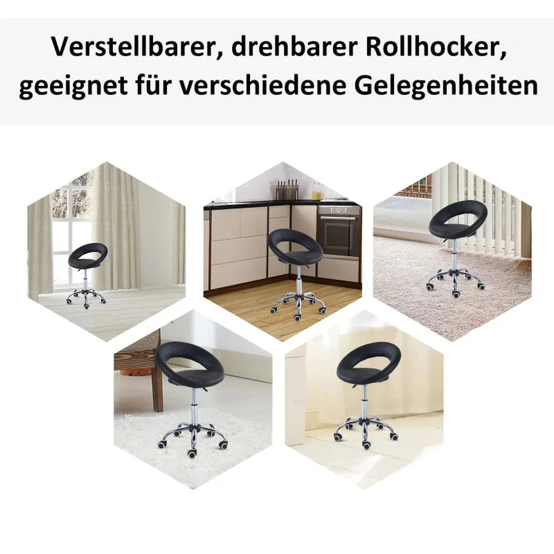 Rollende kruk – 360° draaibaar – in hoogte verstelbaar – PU-zitting – metalen frame – zwart