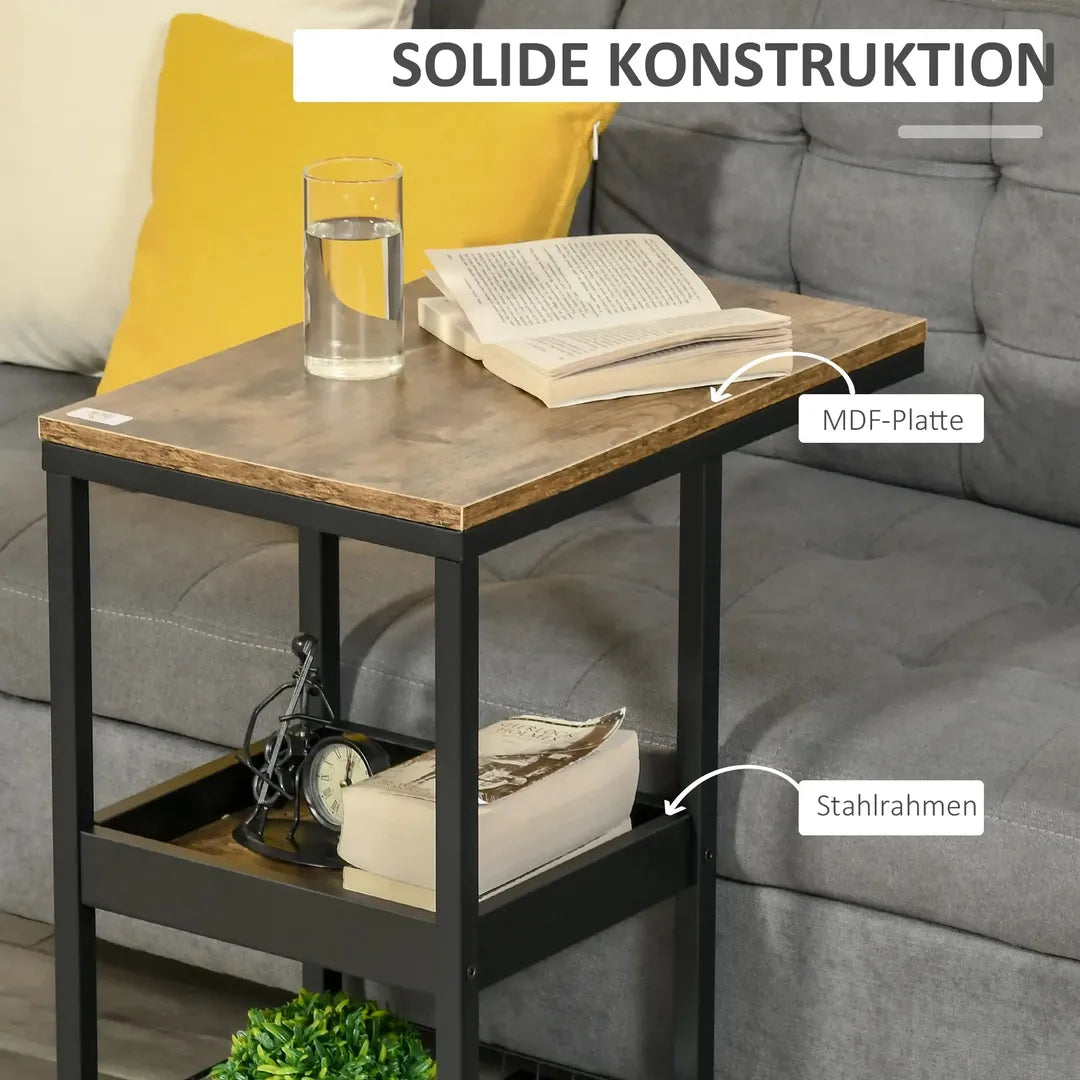 Bijzettafel met Rollen – Hoogteverstelbaar, 2 Opbergniveaus, Metaalframe, 80x40x72-82 cm, Bruin/Zwart