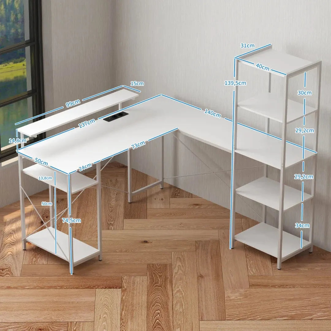 Hoekbureau L-vorm wit – Computertafel met monitorstandaard, planken en geïntegreerde oplaadstation voor thuis en kantoor