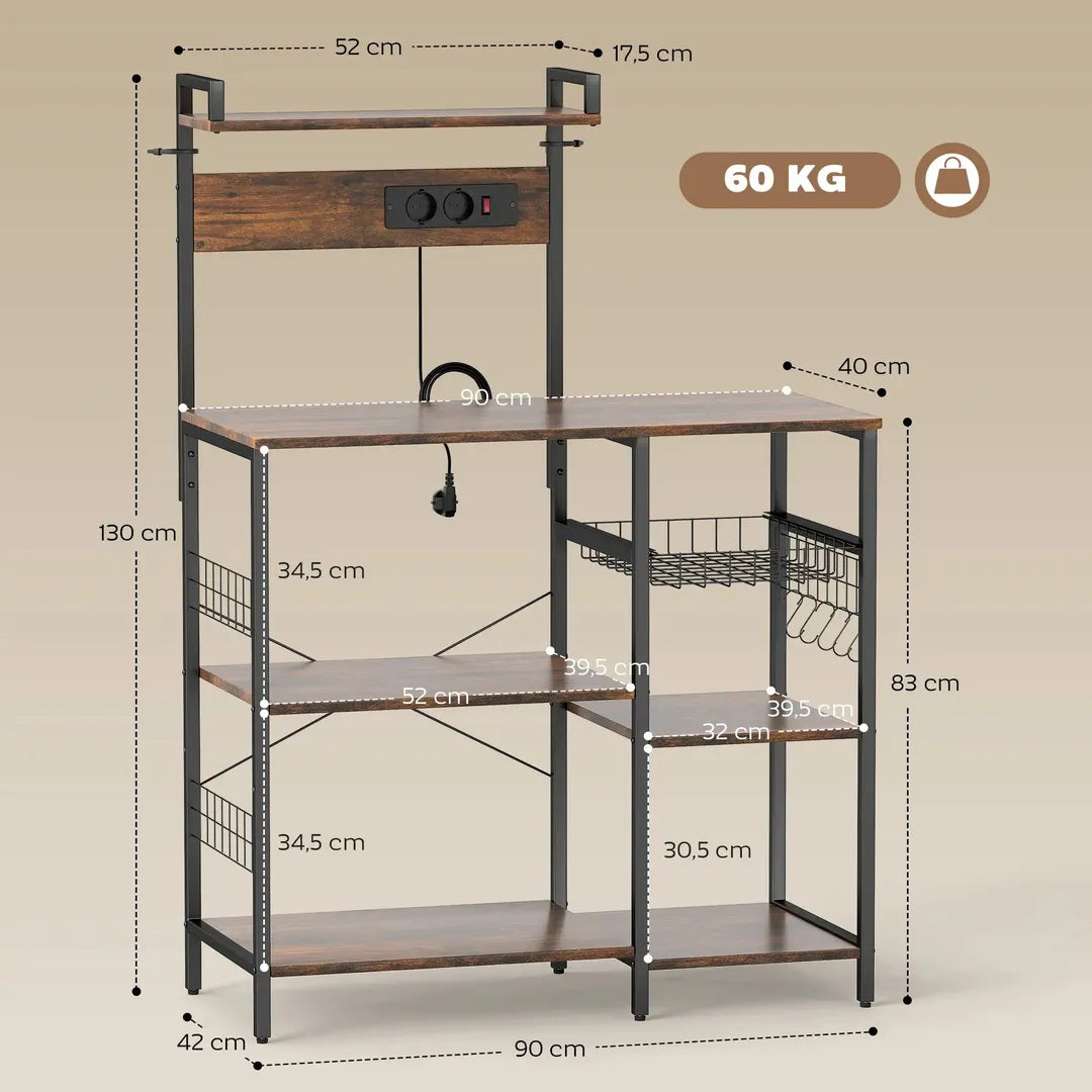 Keukenrek met 2 stopcontacten – staand opbergrek met 5 legplanken, draadmand en haken, 90 × 42 × 130 cm