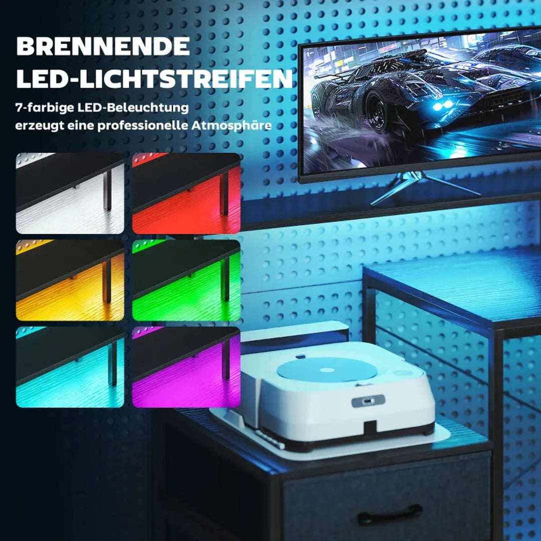L-vormig bureau met LED en stopcontacten – hoekbureau met dubbele monitorstand en lades, 165 × 80 × 91,5 cm