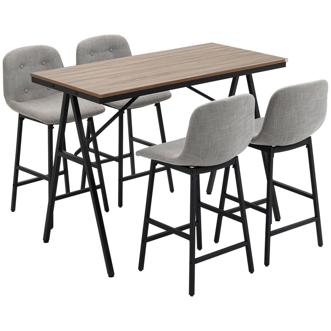 Barkrukset met Tafel – Industrieel Design, 2 Barkrukken met Stiksels, Lichtgrijs, 120 x 60 x 91 cm