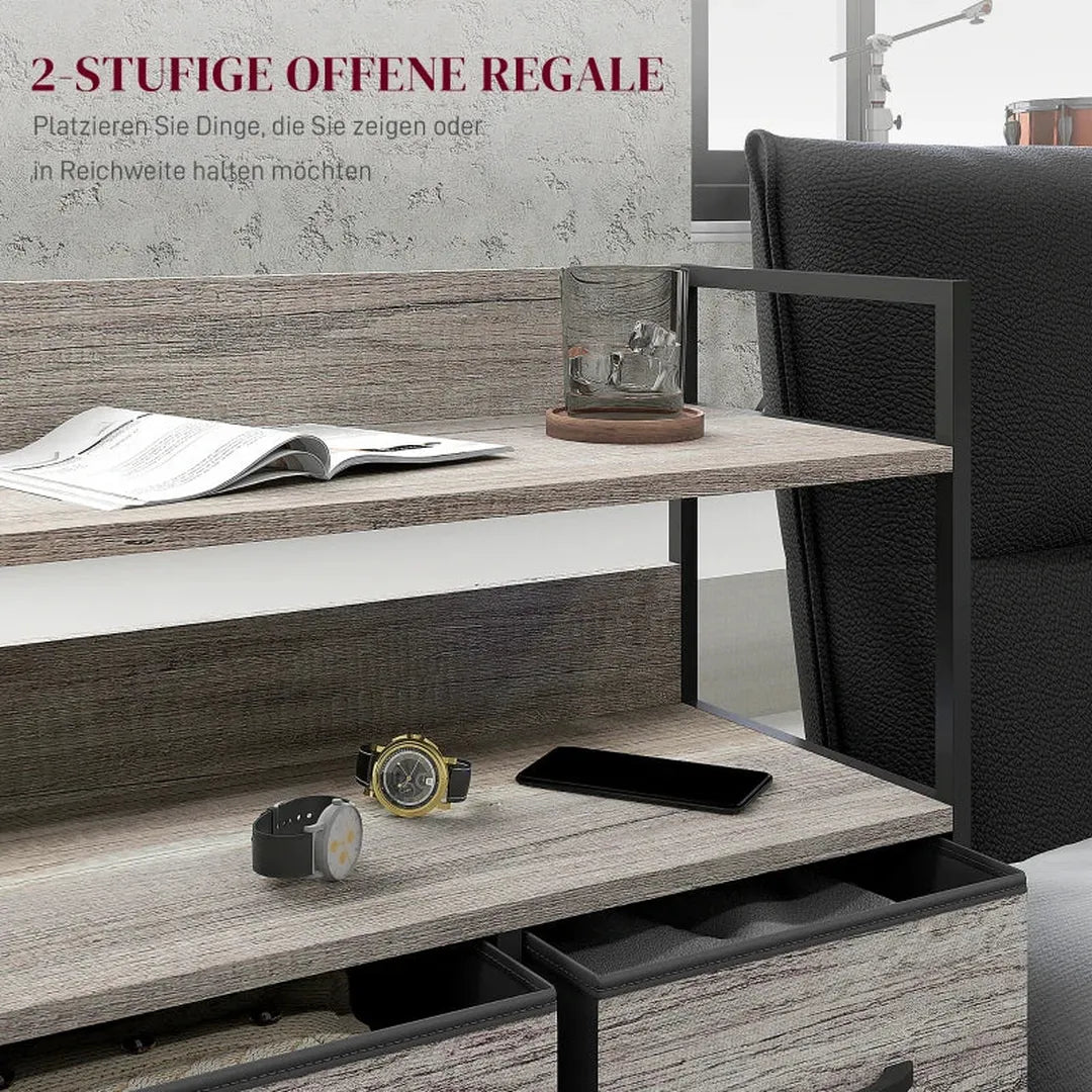 Dressoir met 5 stoffen lades en 2 planken – Opbergkast met stalen frame – Grijs – 98x29x85 cm