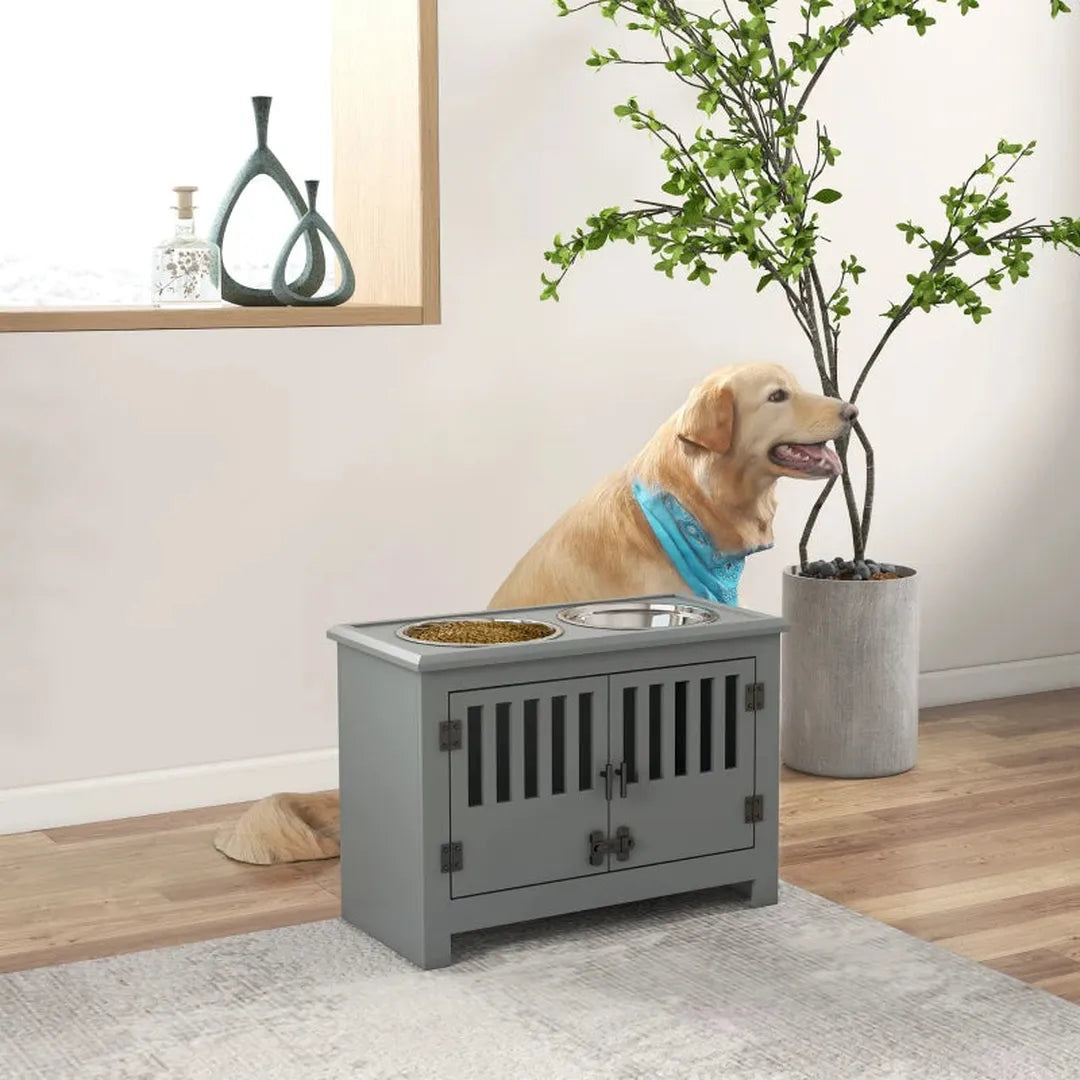 Verhoogde voerbak voor grote honden – 2 roestvrijstalen kommen – met opbergruimte – 35,5 x 60 x 30 cm
