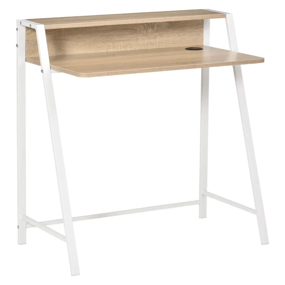 Bureau wit/eiken – computertafel met opbergvak en kabelmanagement, compact bureau met metalen frame 84x45x85 cm