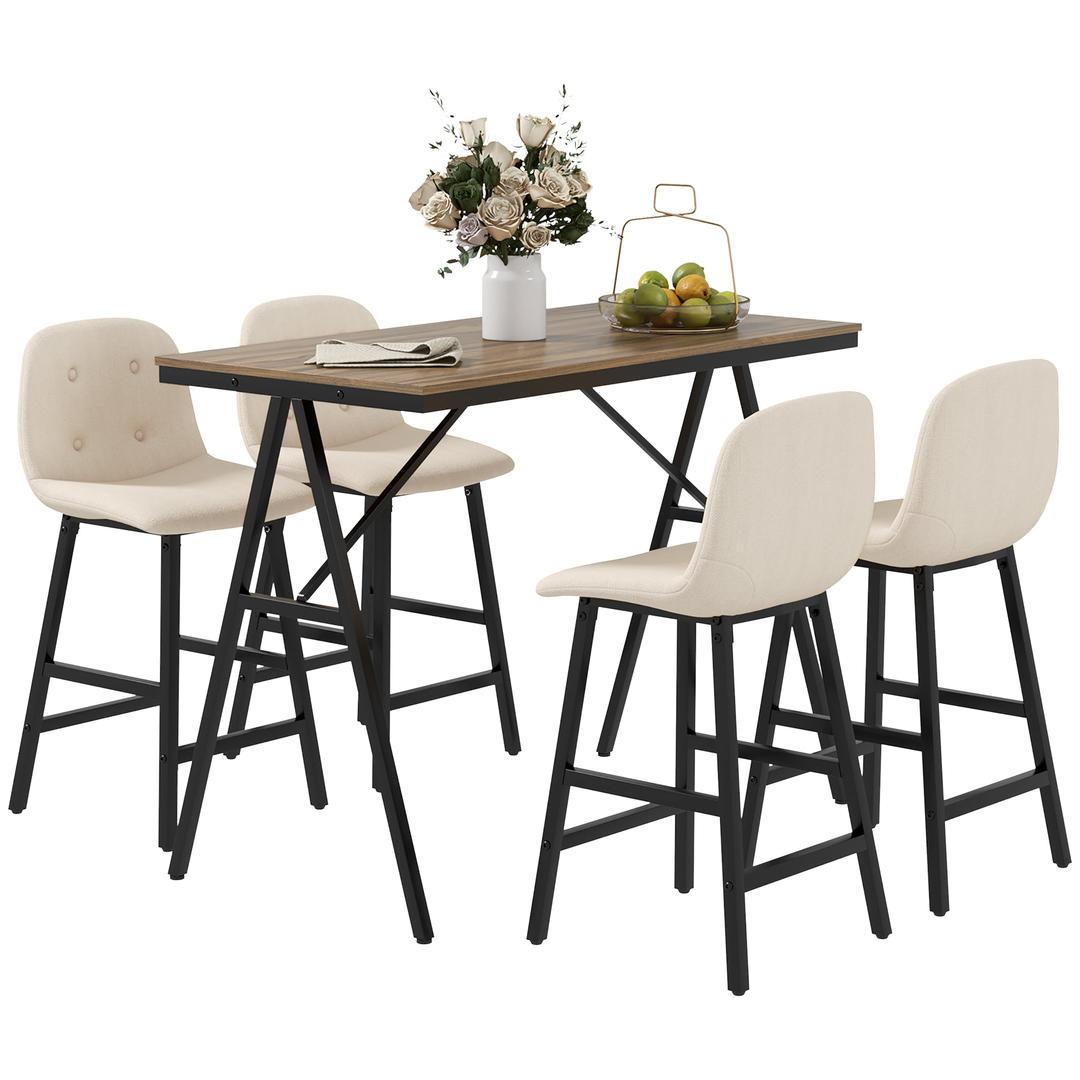 Barkrukset met Tafel – Industrieel Design, 2 Barkrukken met Stiksels, Lichtgrijs, 120 x 60 x 91 cm