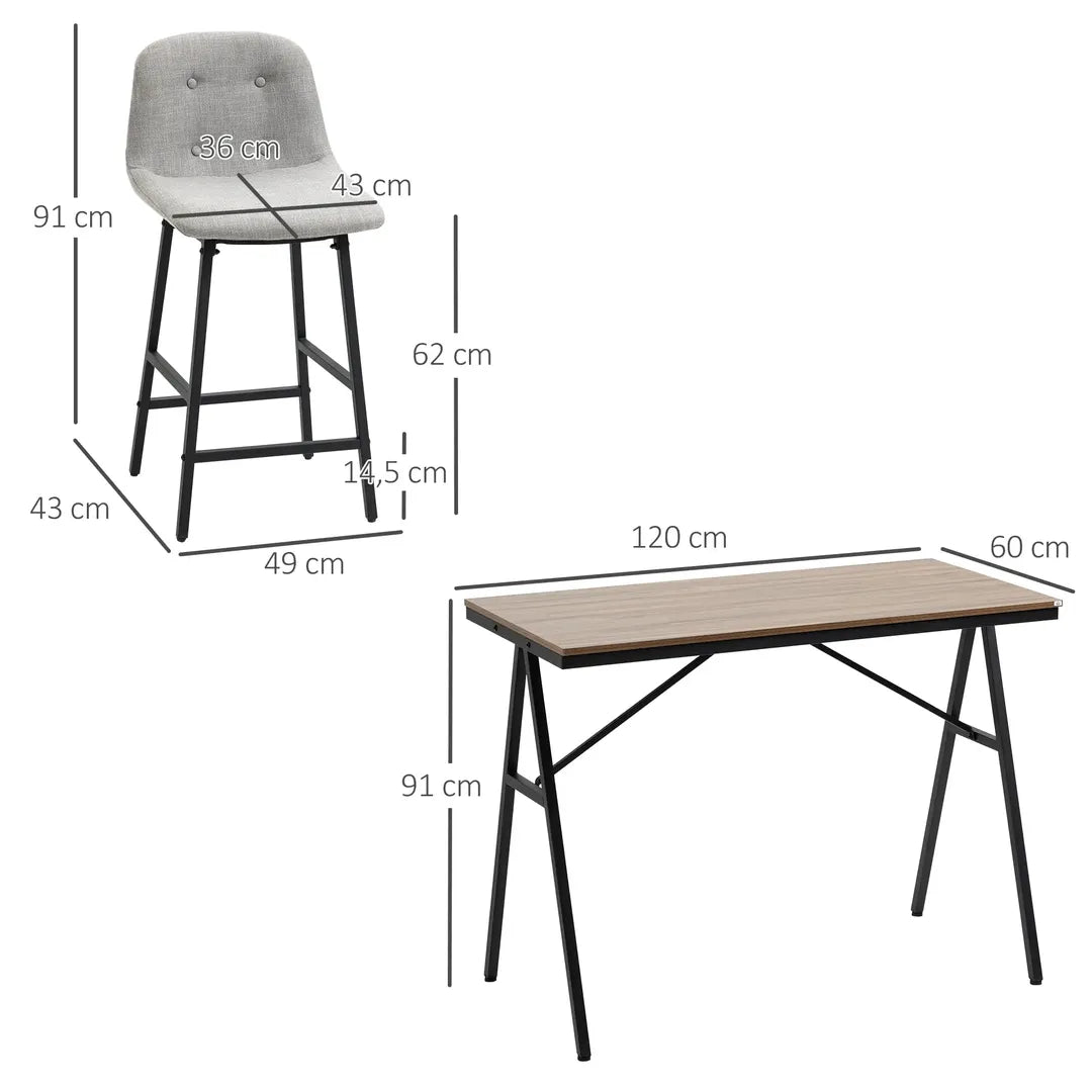Barkrukset met Tafel – Industrieel Design, 2 Barkrukken met Stiksels, Lichtgrijs, 120 x 60 x 91 cm