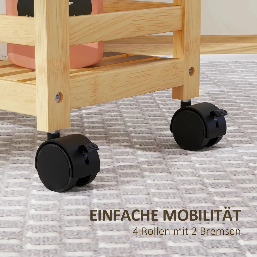 Serveerwagen – 3 lagen met lattenbodems en valbescherming – Bamboe – 55 × 20 × 75 cm