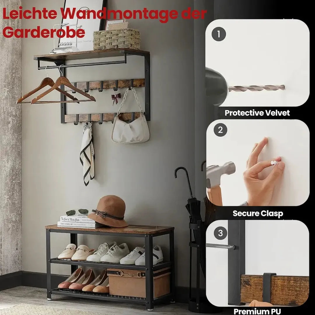 Wandkapstok en Schoenenbank Set – Halmeubel met Haken, Kledingstang, Opbergplank en Schoenenrek