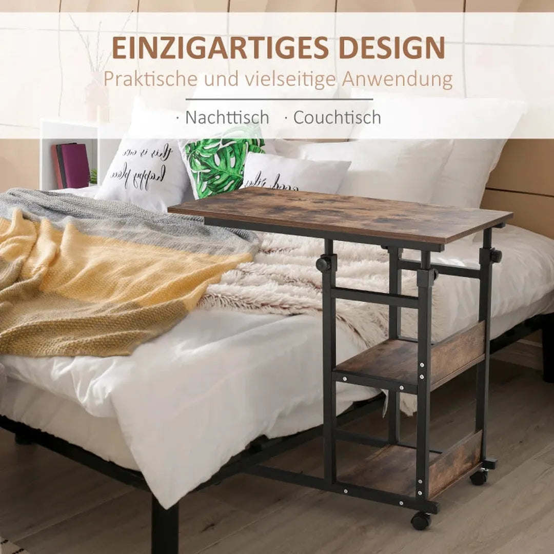 Bijzettafel met wielen – in hoogte verstelbaar – 2 planken – metalen frame – 80 x 40 x 72-82 cm