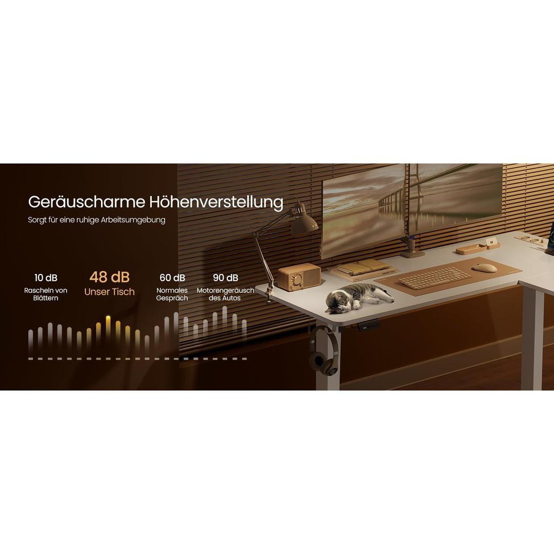 Elektrisch verstelbaar hoekbureau – L-vormig – 140 x 160 cm – met ingebouwd stopcontact en USB – geheugenfunctie – 72-120 cm hoogte verstelbaar