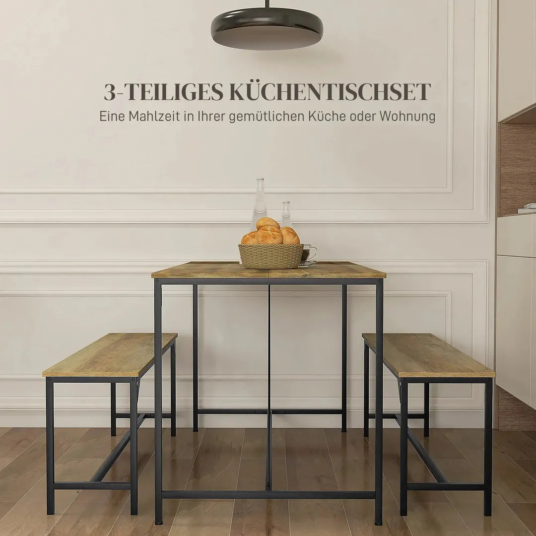 Eettafelset voor 4 Personen – Tafel met 2 Banken van Metaal en Hout, Industrieel Design, 120 x 70 x 75 cm, Zwart/Natuur