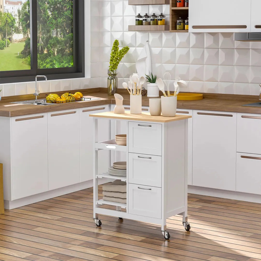 Keukentrolley met 1 Kruidenrek en 1 Handdoekhouder – 109 x 40 x 89 cm, Witte Servierwagen op Wielen