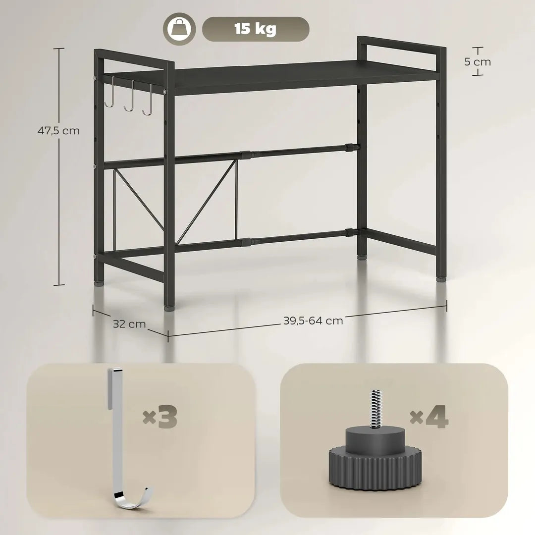 Magnetronrek met Uitschuifbaar Plateau – Metalen Frame met 3 Haken – 40 cm Hoog – Zwart