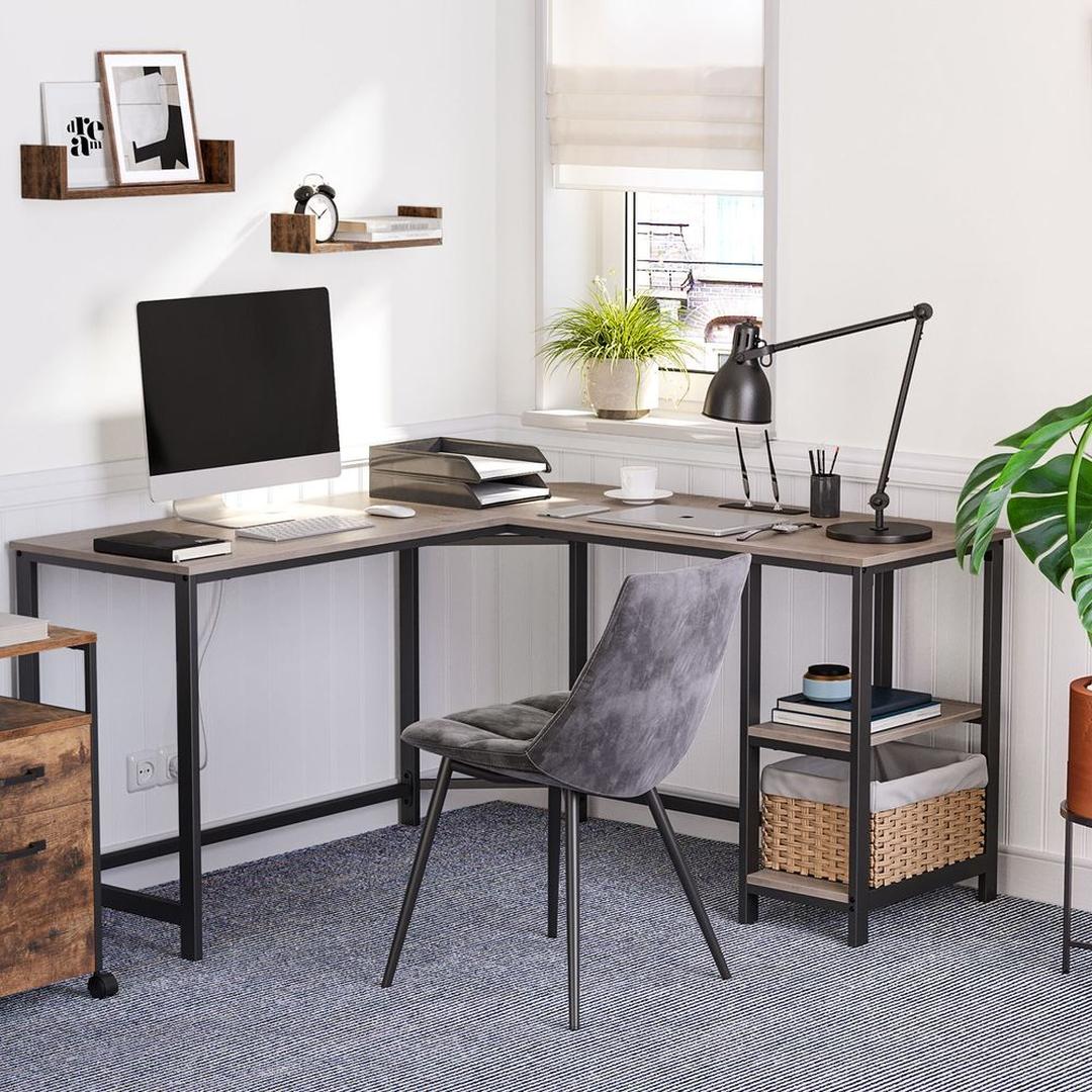 L-vormig Bureau met 2 Opbergplanken en Houtlook Werkblad – Ruim Hoekbureau voor Kantoor en Thuiswerkplek