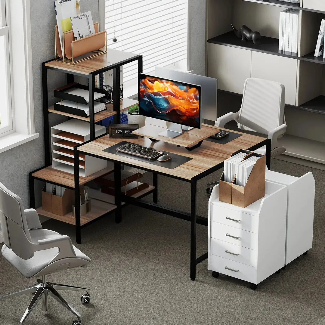 Computertafel met monitorstand en 4-laags rek – bureau in industriële stijl, bruin