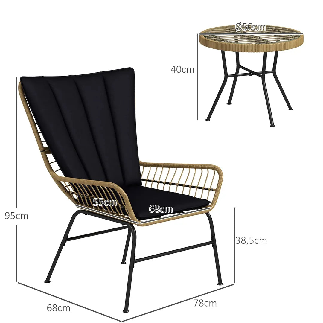 Outsunny 3-delige bistroset in boho stijl – 2 stoelen 76 x 66 x 96 cm en tafel 52 x 52 x 40 cm – PE rattan