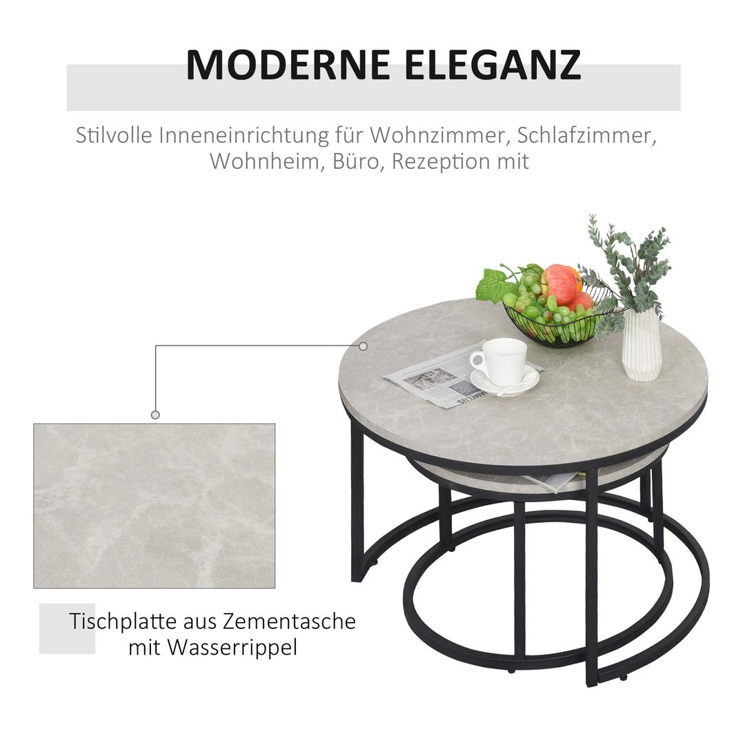 Salontafel Set – 2 Ronde Tafels – Industrieel Design – Metalen Frame – Blad in Marmerlook Grijs