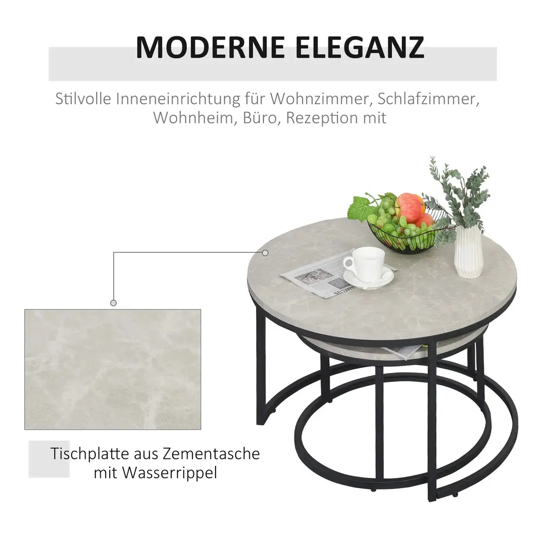 Salontafel Set – 2 Ronde Tafels – Industrieel Design – Metalen Frame – Blad in Marmerlook Grijs