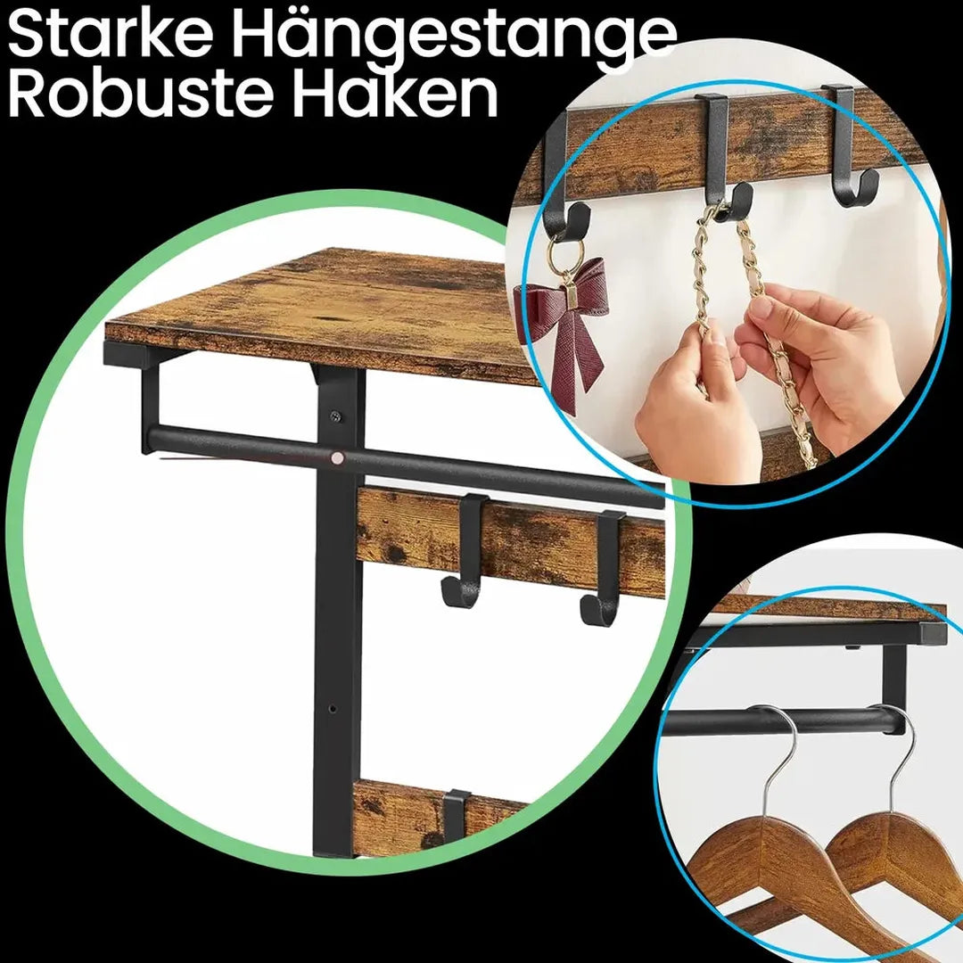 Wandkapstok en Schoenenbank Set – Halmeubel met Haken, Kledingstang, Opbergplank en Schoenenrek