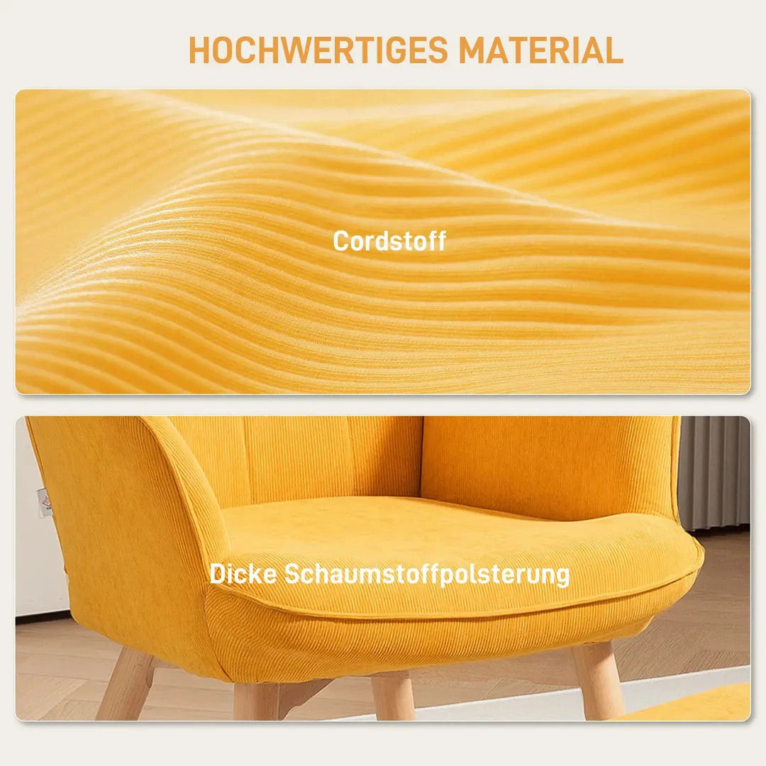 Fauteuil met Hocker – Relaxstoel in Cordstof met Armleuningen en Houten Poten, Grijs, voor Woonkamer