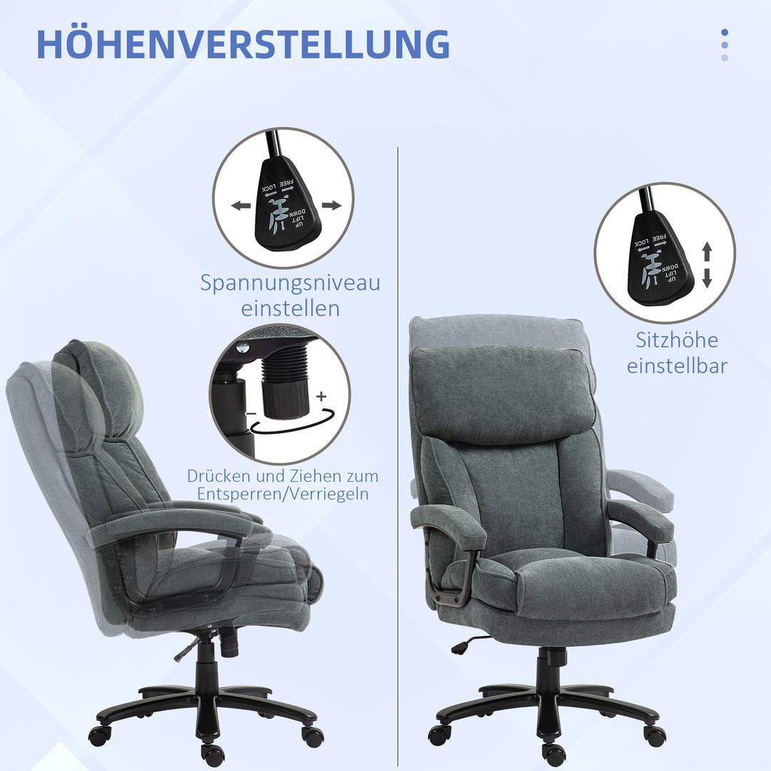 Hoge bureaustoel – draagvermogen tot 200 kg, verstelbare zithoogte, zachte stoffen bekleding, grijs