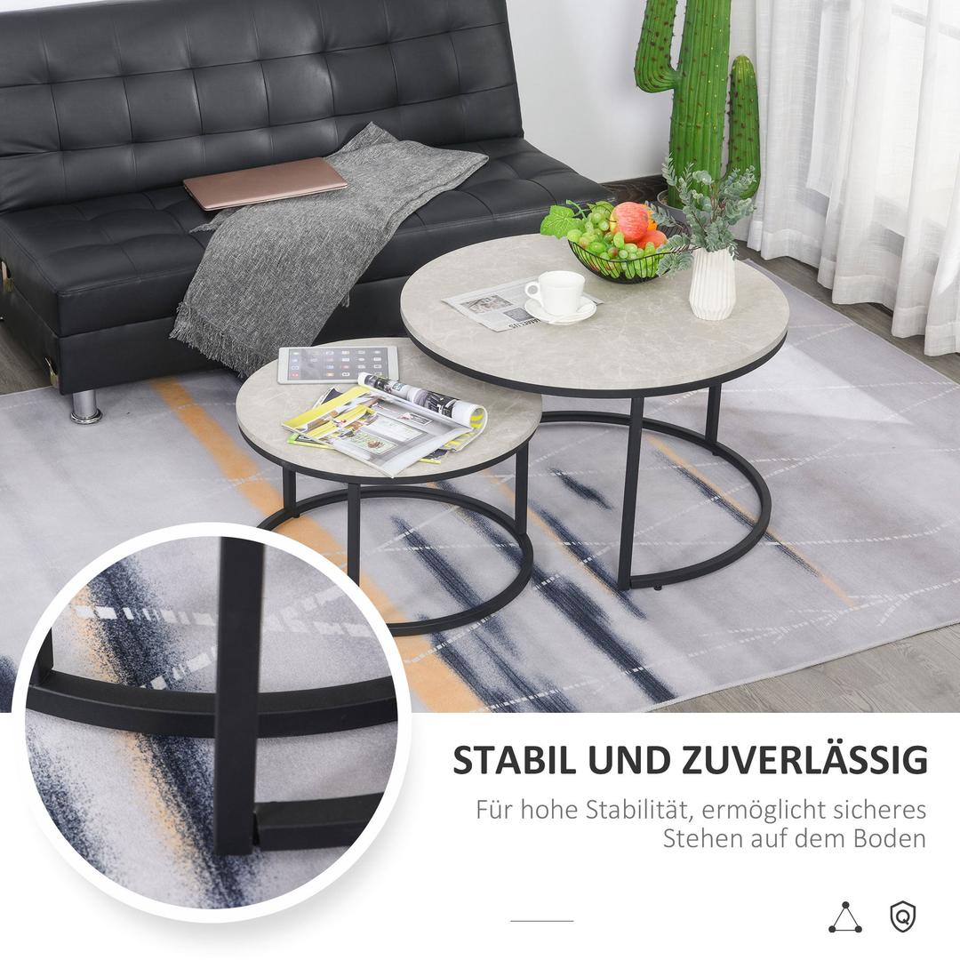 Salontafel Set – 2 Ronde Tafels – Industrieel Design – Metalen Frame – Blad in Marmerlook Grijs