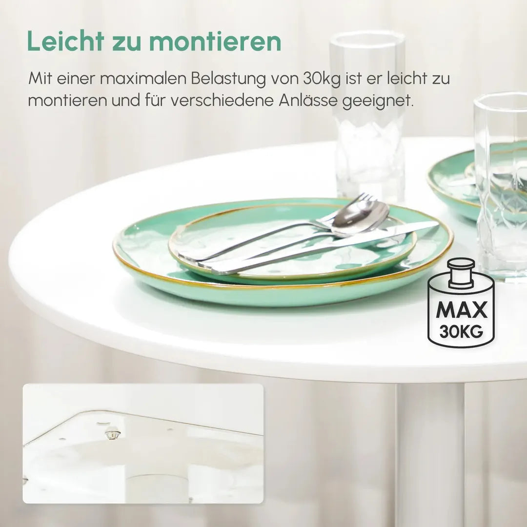 Eettafel voor 2 Personen – Rond Tafelblad Ø80 cm van MDF en Staal, Antislip, Wit, 75 cm Hoog