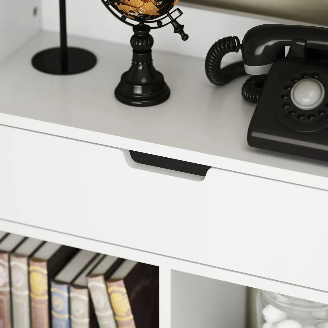 Boekenkast met 9 vakken en lade – multifunctioneel opbergmeubel met kantelbeveiliging, 60 × 26 × 158 cm