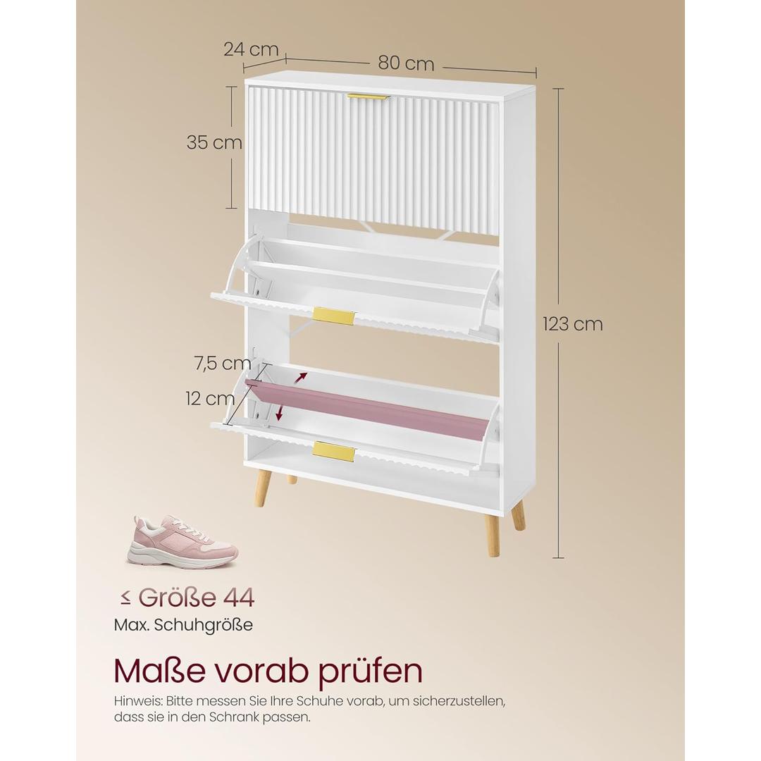 Schoenenkast met 3 deuren – mid-century modern, geribbelde deuren, voor 18–24 paar schoenen, 80 × 24 × 123 cm