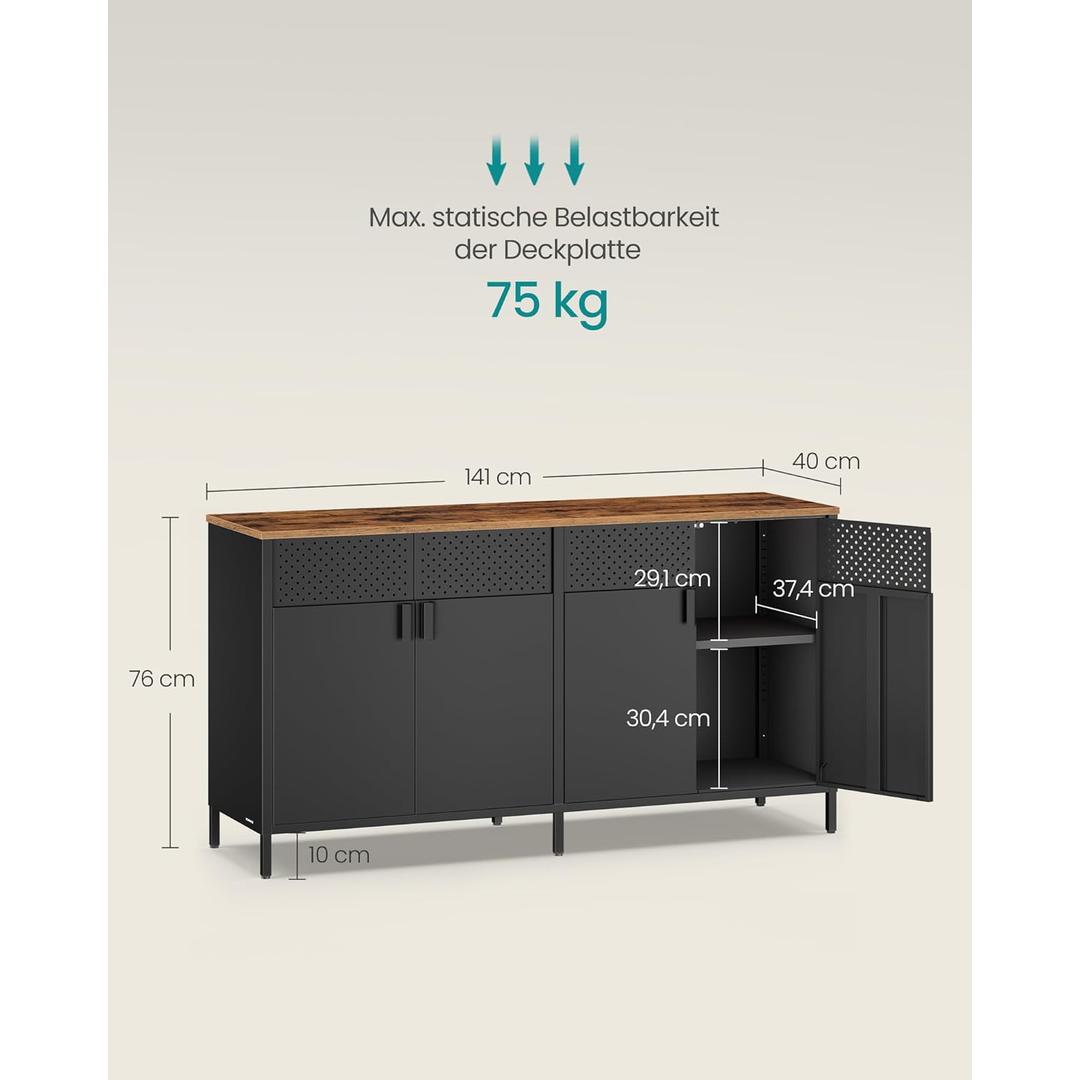 Metalen opbergkast met 4 deuren – verstelbare legplank, stalen frame, 141 cm breed