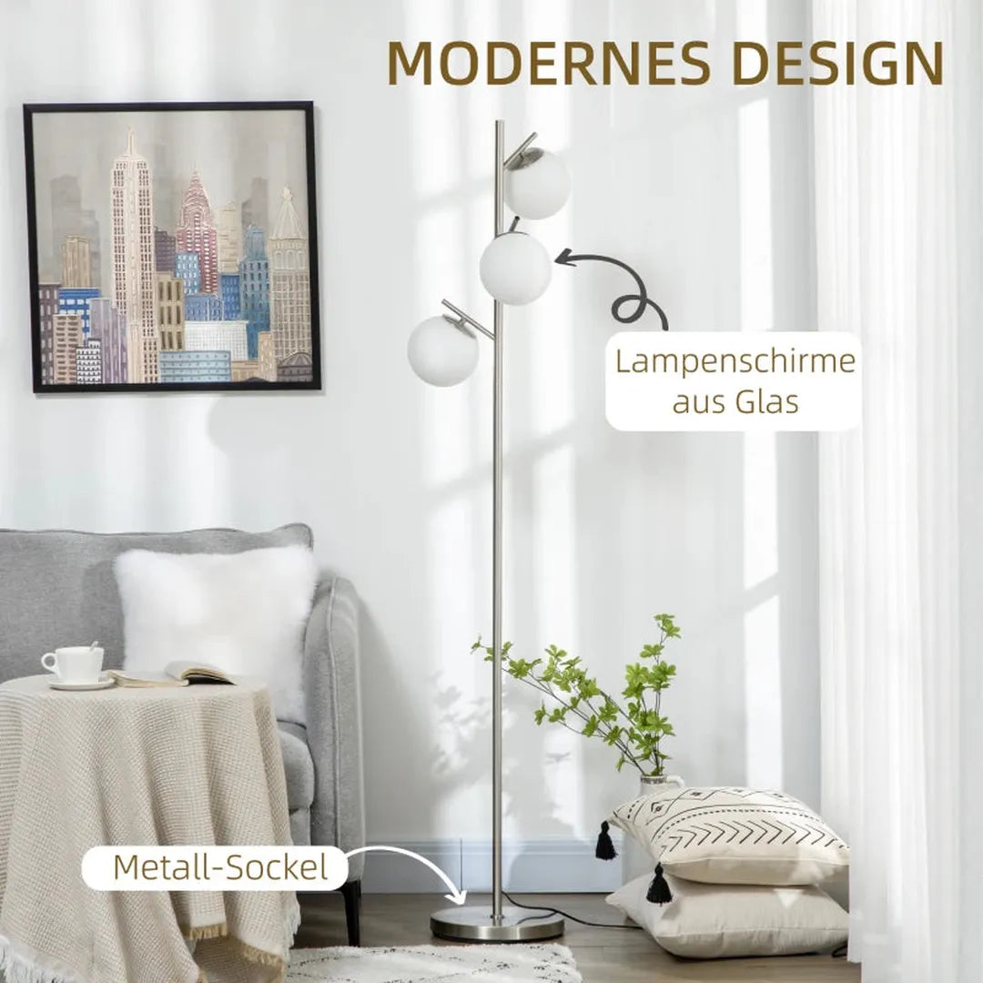 Staande lamp met 3 glazen kapjes – E27 fitting – voetschakelaar – zwart