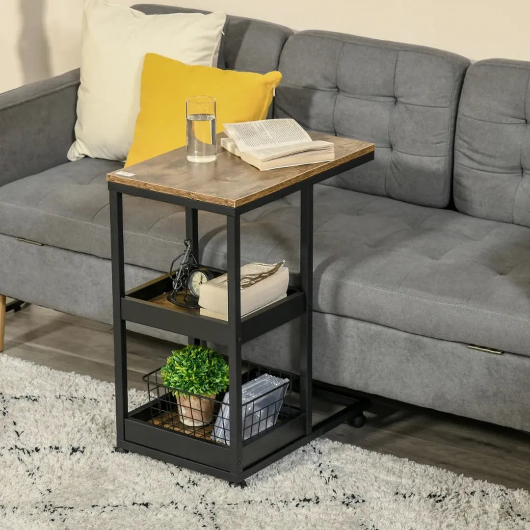 Bijzettafel met wielen – Hoogte verstelbaar – 2 opbergplanken – Bruin metalen frame – 80x40x72-82 cm