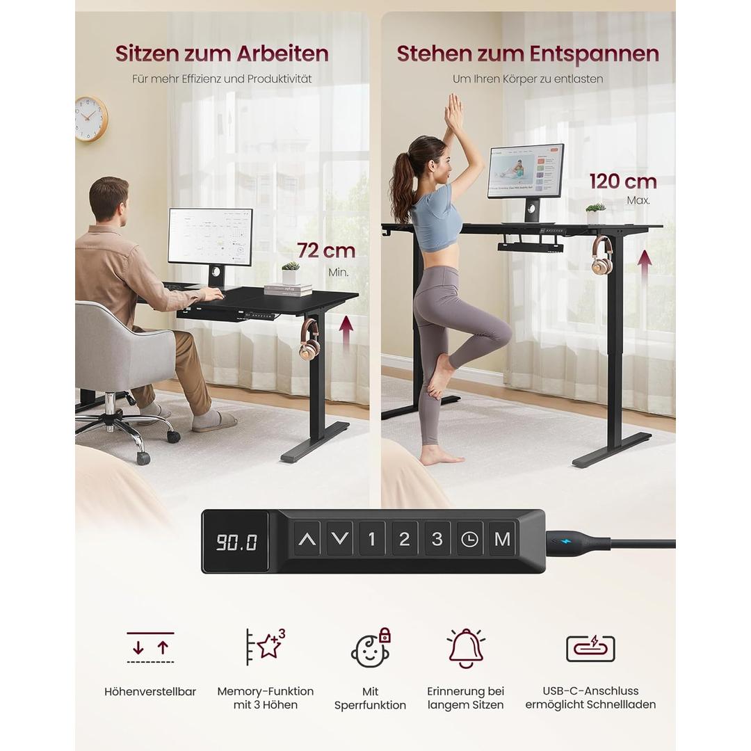 Elektrisch in hoogte verstelbaar bureau – met USB-C, geheugenfunctie, kabelgoot en extra dikke poten