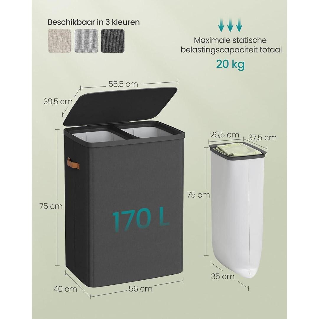 Wasmand met 2 compartimenten – 170 liter – met deksel en handgrepen