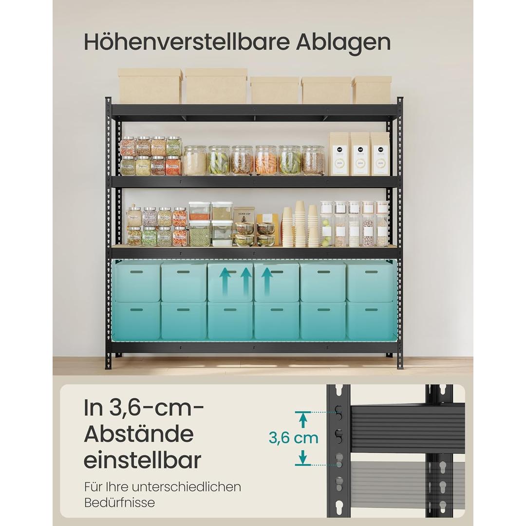Zwaar belastbaar opslagrek – 4 verstelbare legplanken, staal/MDF, 200 cm breed, max. 2000 kg