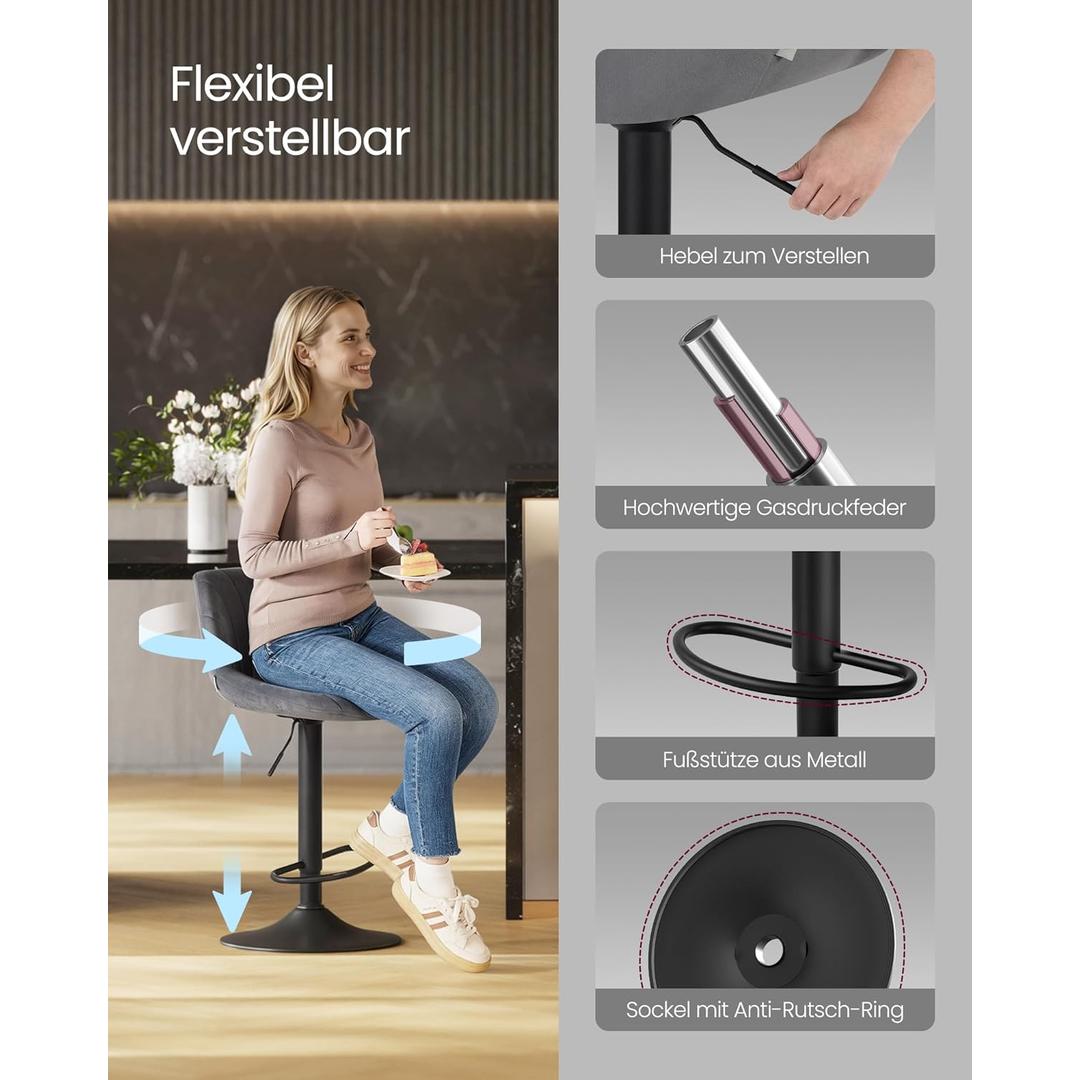 Barkrukken set van 2 – fluweel, in hoogte verstelbaar en 360° draaibaar, met rugleuning en voetensteun