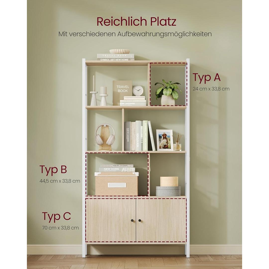 Boekenkast met kastdeuren – industriële stijl, 4 open legplanken, staal en houtspaanplaat, 154,5 cm hoog