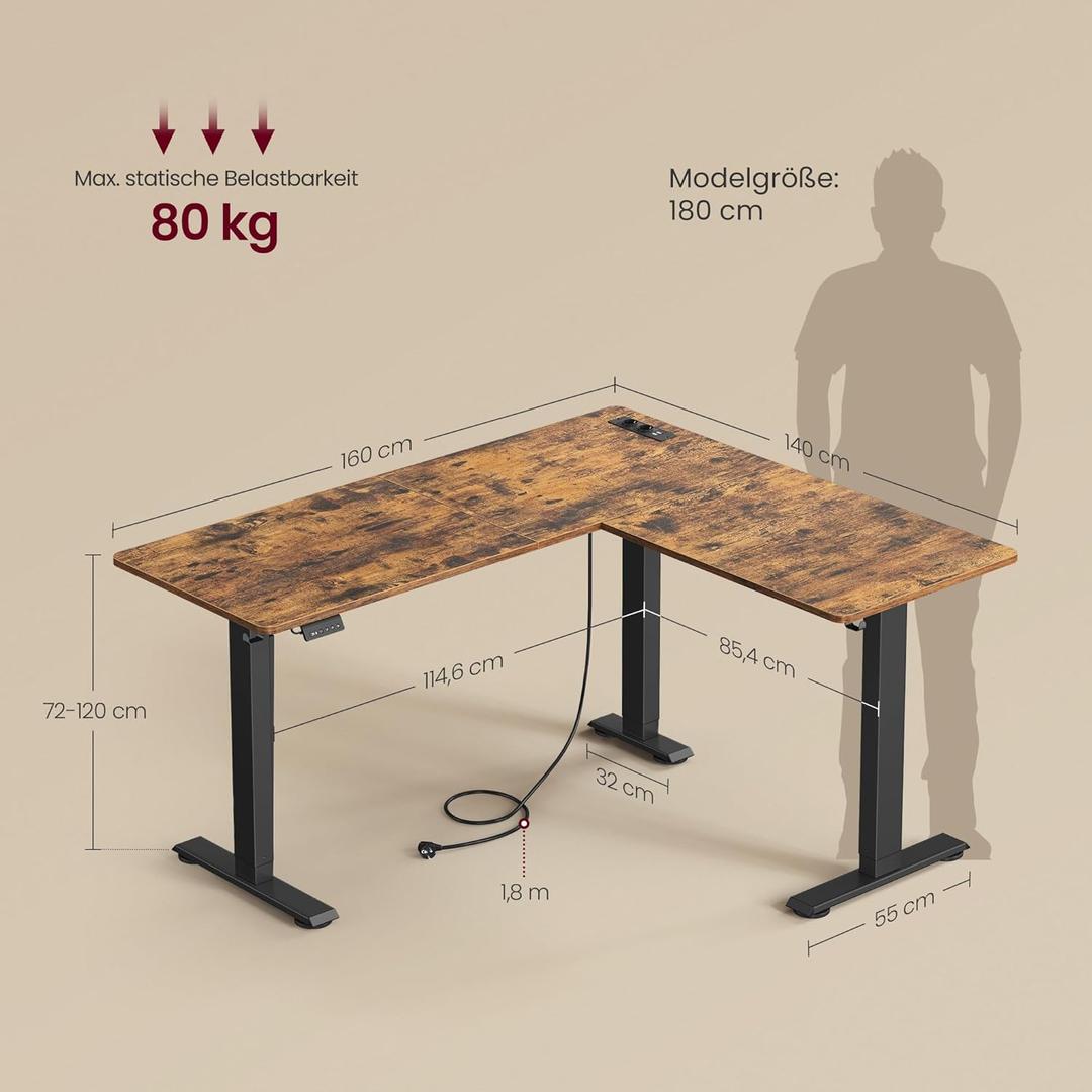 Elektrisch verstelbaar hoekbureau – L-vormig – 140 x 160 cm – met ingebouwd stopcontact en USB – geheugenfunctie – 72-120 cm hoogte verstelbaar