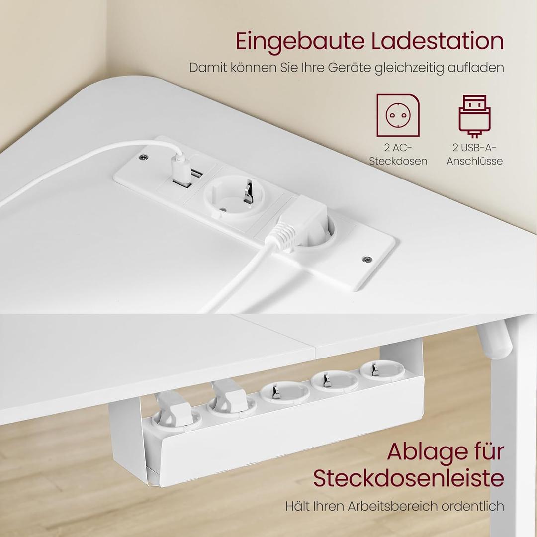 Elektrisch verstelbaar hoekbureau – L-vormig – 140 x 160 cm – met ingebouwd stopcontact en USB – geheugenfunctie – 72-120 cm hoogte verstelbaar