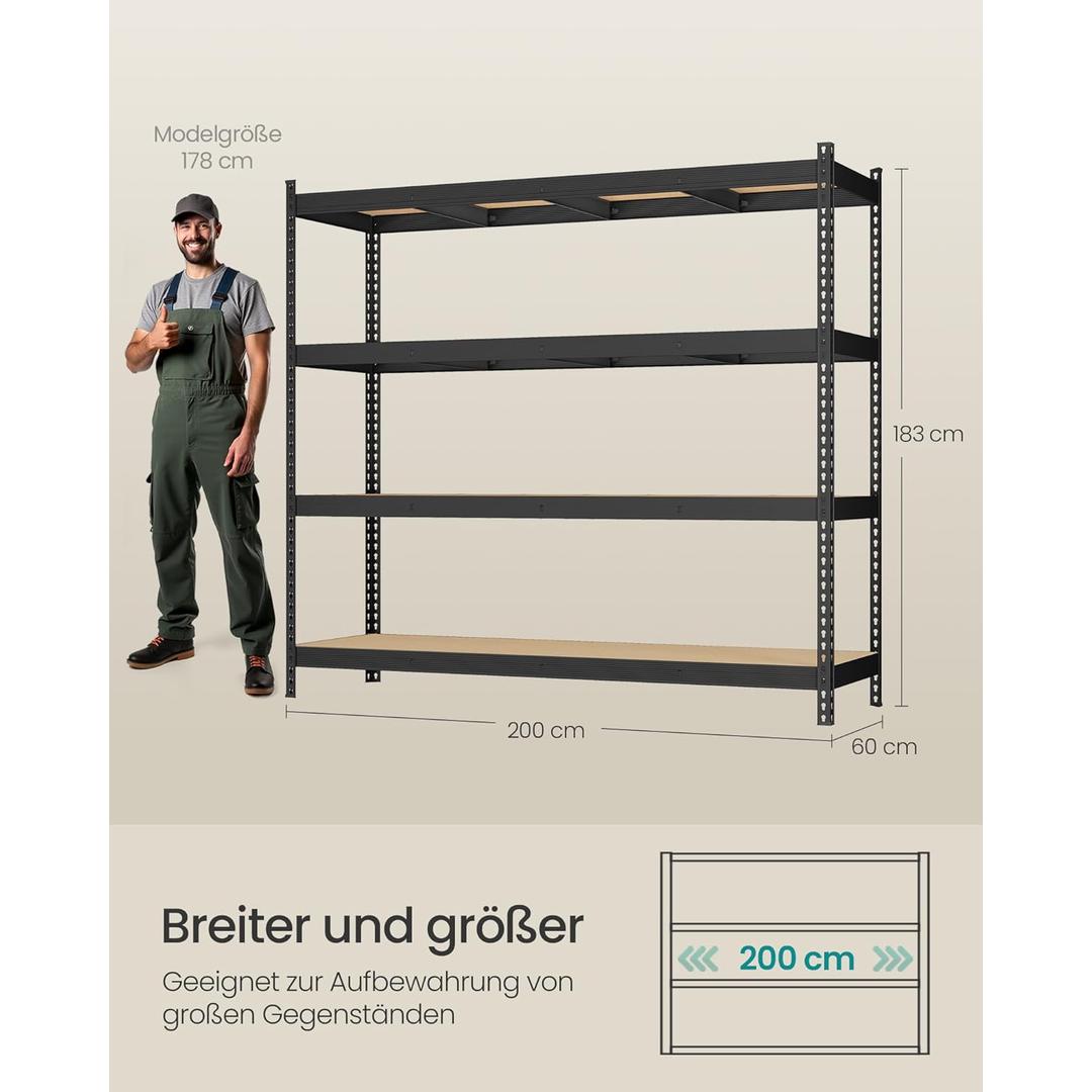 Zwaar belastbaar opslagrek – 4 verstelbare legplanken, staal/MDF, 200 cm breed, max. 2000 kg