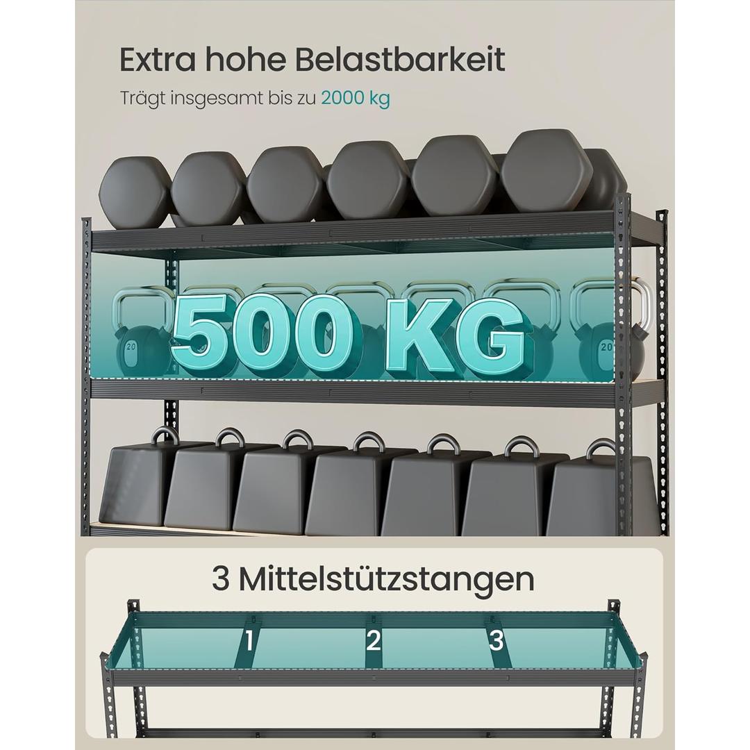 Zwaar belastbaar opslagrek – 4 verstelbare legplanken, staal/MDF, 200 cm breed, max. 2000 kg