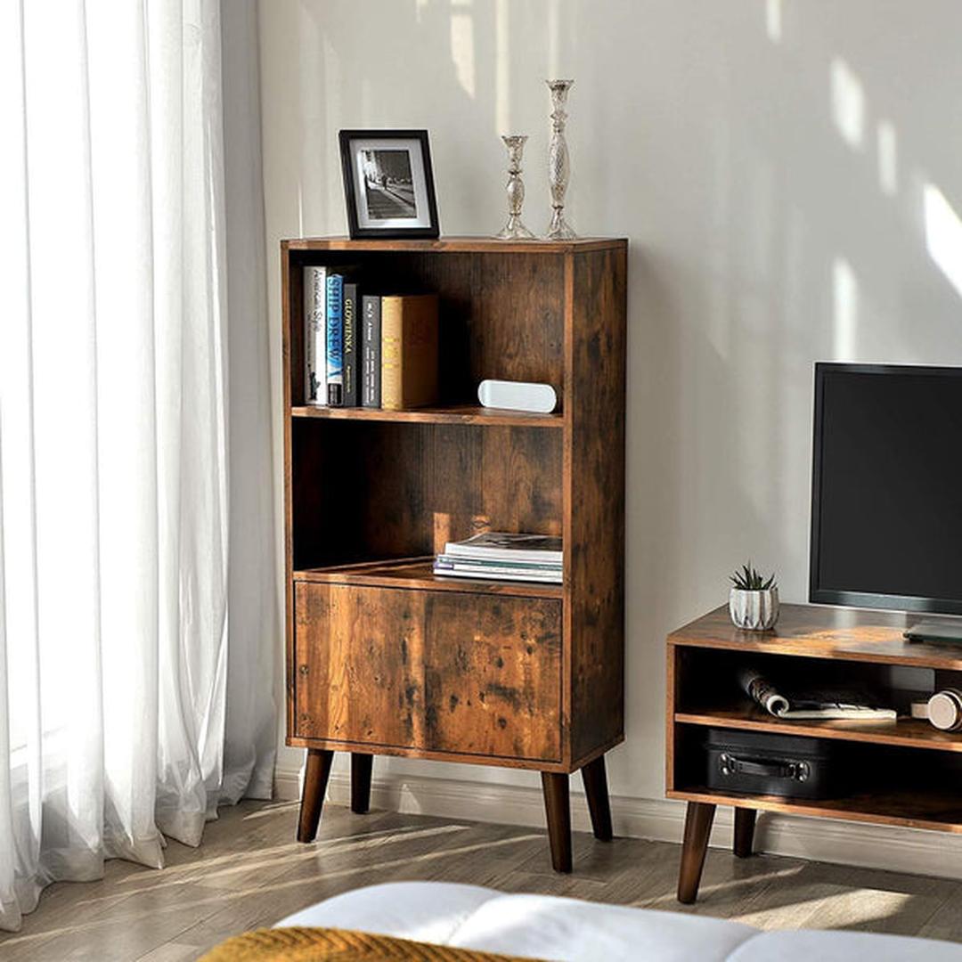 Retro Boekenkast met Opbergvakken – Wandkast in Houtlook voor Boeken en Decoratie, 60 × 30 × 120 cm