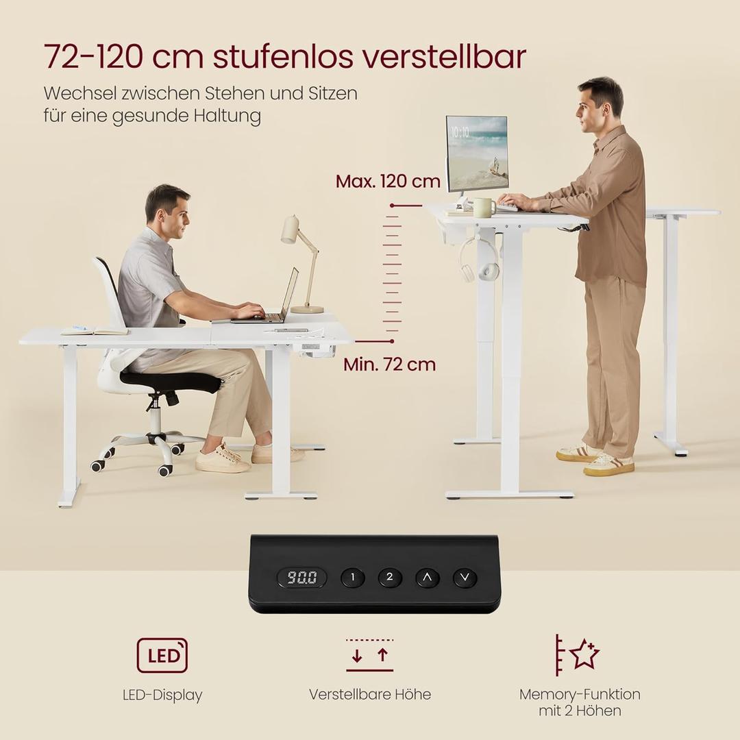 Elektrisch verstelbaar hoekbureau – L-vormig – 140 x 160 cm – met ingebouwd stopcontact en USB – geheugenfunctie – 72-120 cm hoogte verstelbaar